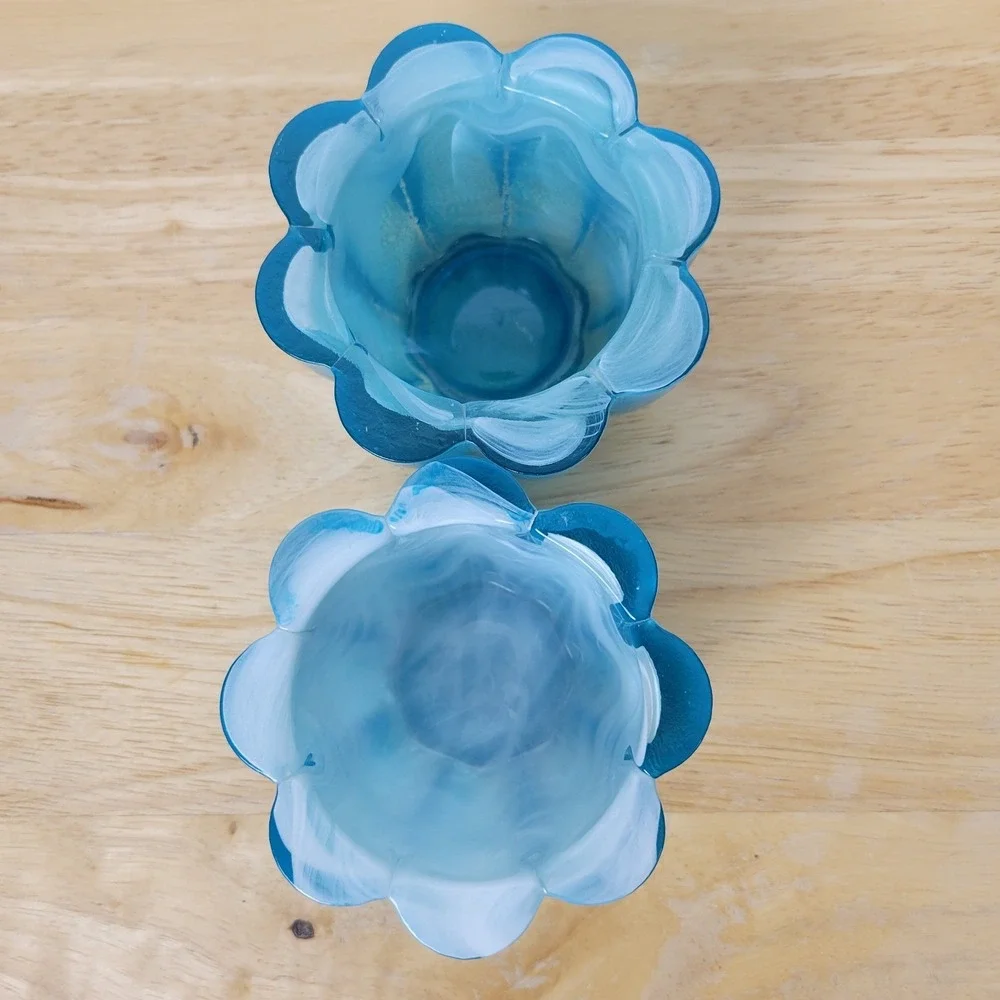 Teal Glass Votive Holders Flower Shape Swirl GlassDecorative Bowl Coastal MCM‎